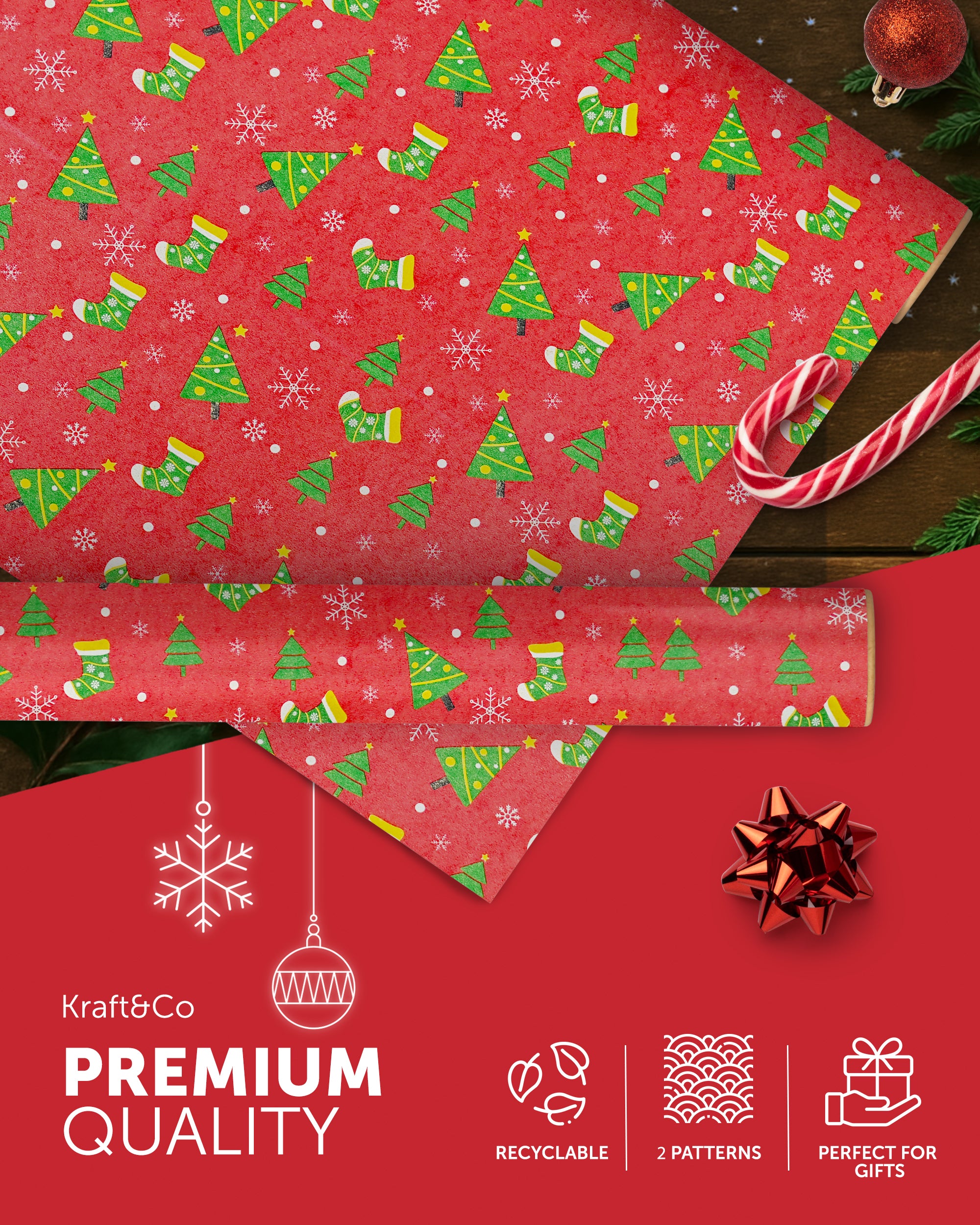 Kraft & Co 2 Pack Christmas Wrapping Paper Roll - Festive Designed Recyclable Kraft Paper, Perfect for Holiday Gifts, Arts & Crafts-Wrapping for a Merry Christmas (44.5cm x 25m)