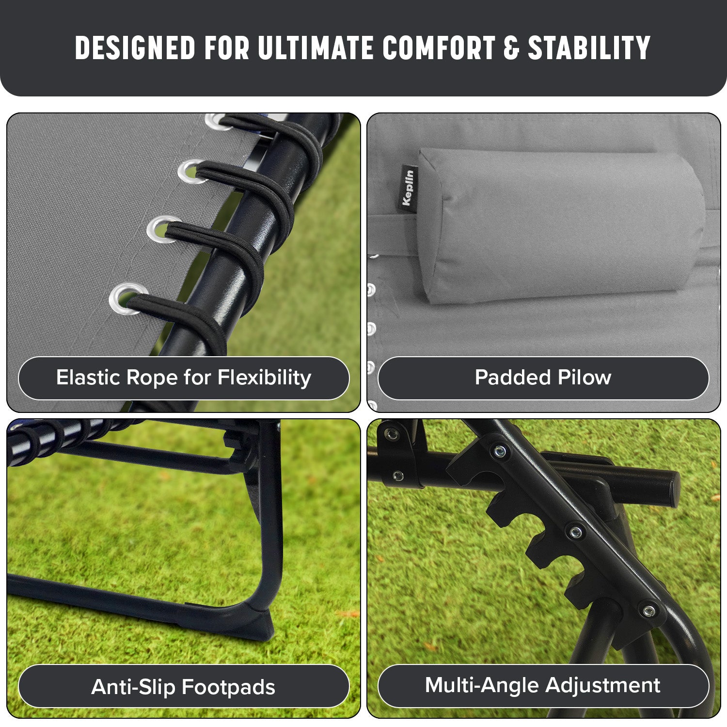 KEPLIN Foldable Recliner Sun Lounger - 600D Oxford Fabric - Adjustable Back and Leg Rests - Lightweight and Portable - Compact Space-Saving Design - Durable Outdoor Use - 190 x 65 x 30 cm