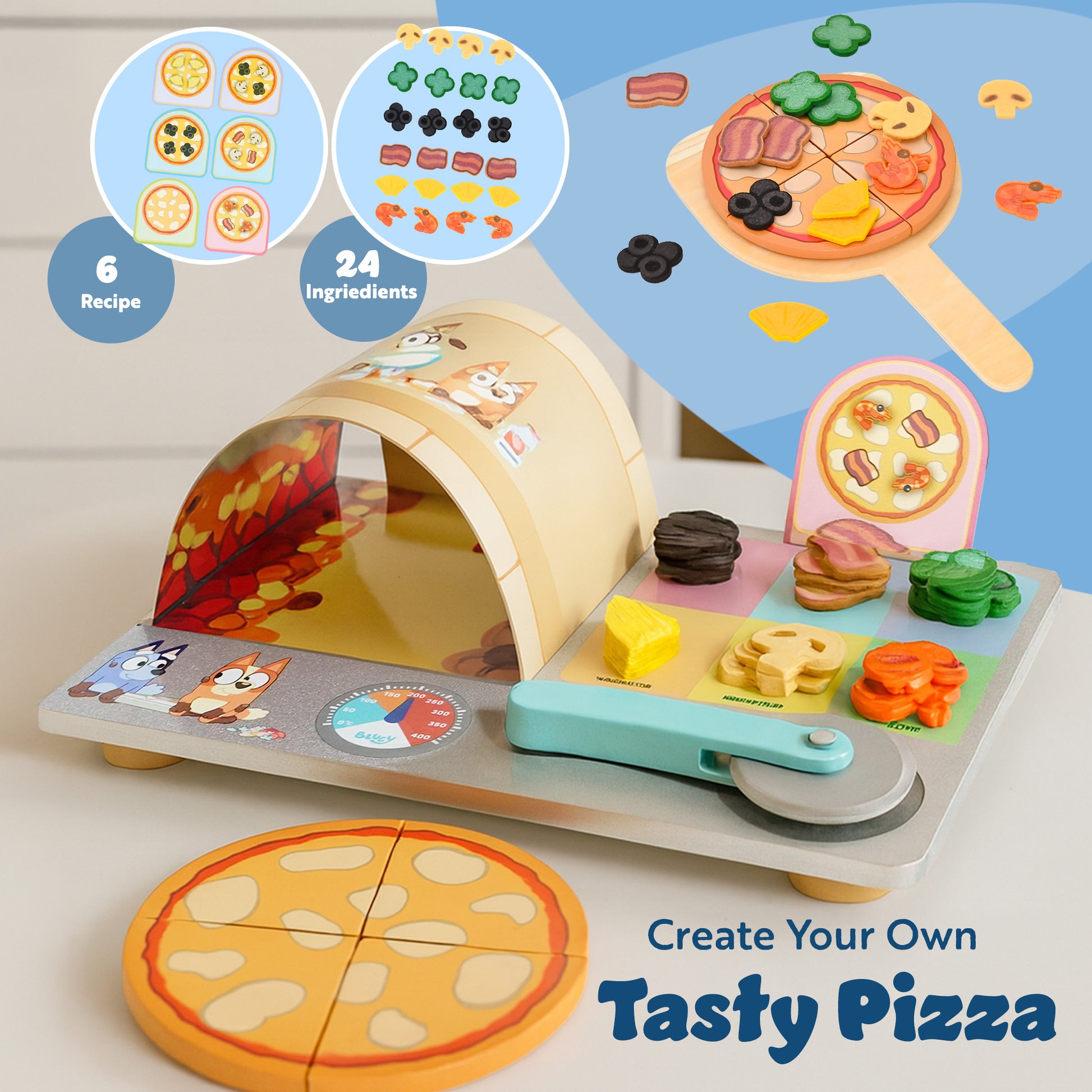 Bluey Pizza Girls Set – 35-Piece Pretend Play Food Set, Wooden Pizza Playset with Oven, Pizza Slices, Box, Cutter, Paddle, Order Cards, and Toppings, Pizza Girls Toy Set