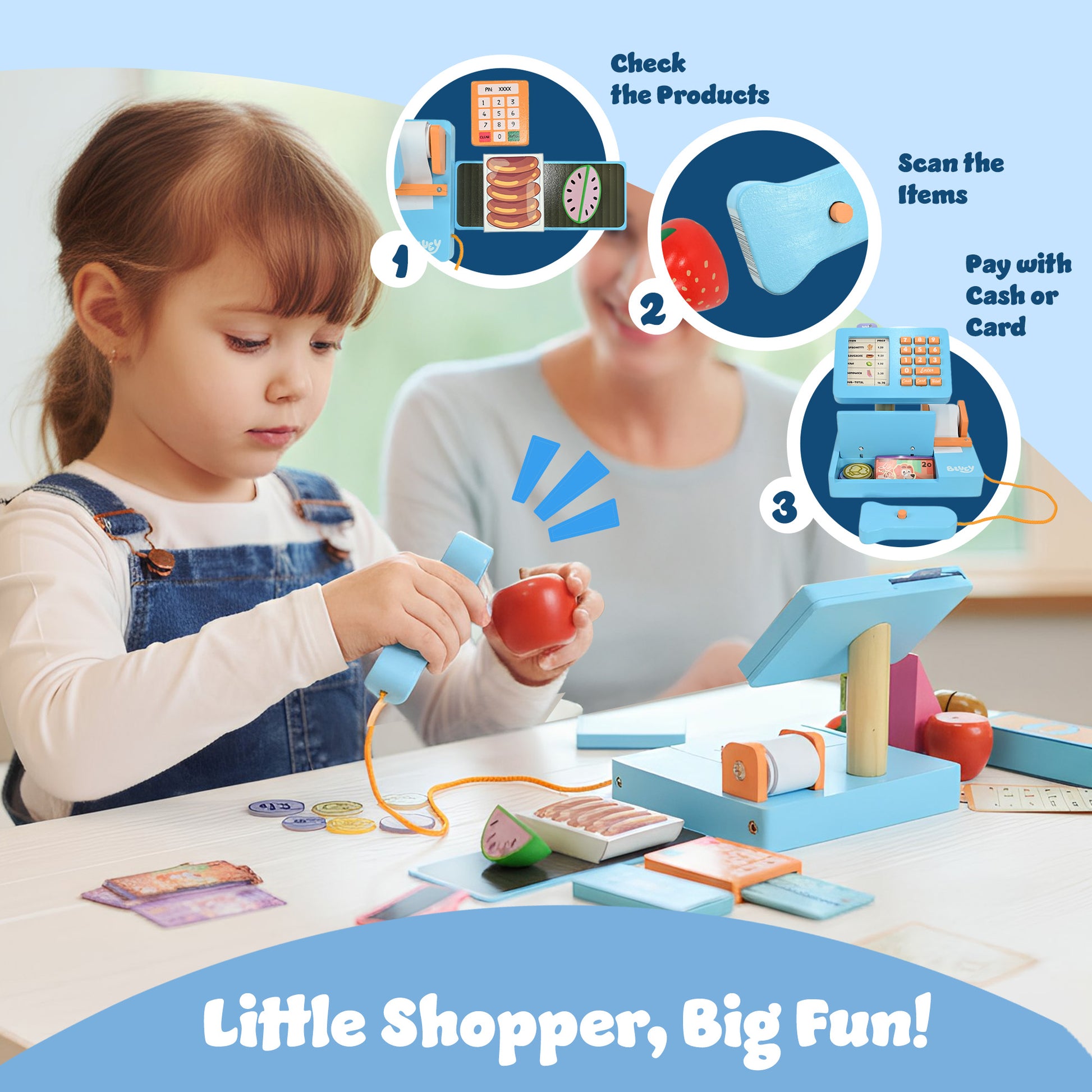 Bluey cash register with play money drawer – kids pretend shop toy with Bluey and Bingo buttons