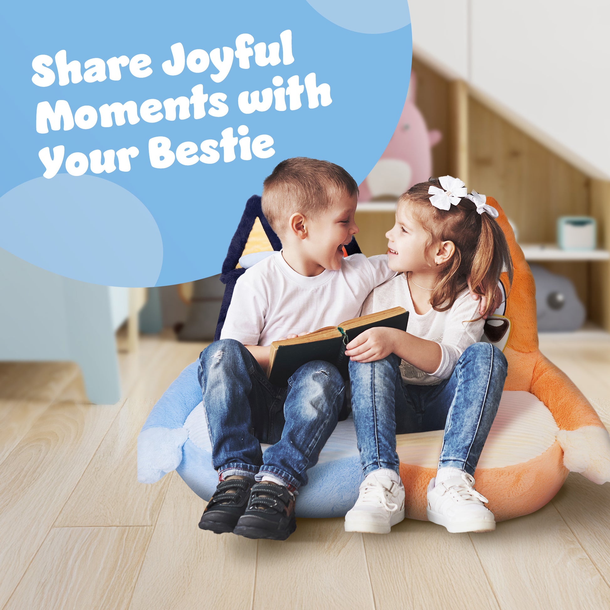 Bluey and Bingo character plush chair – lightweight easy to move kids seating for reading and relaxing