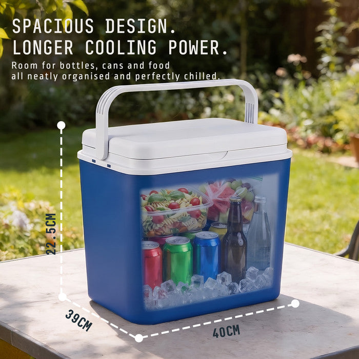 Spacious 24L insulated cool box, 40 x 39 x 22.5cm, for picnics and camping