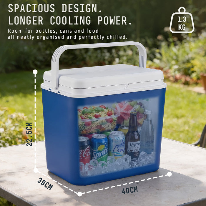 30L Insulated Cool Box Dimensions 22.5x40x39cm with Food and Drinks Inside