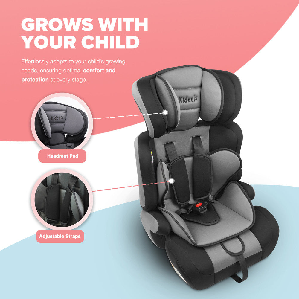 Kidoola Adjustable Car Seat for Toddlers & Children – Safety Certified Booster Seat, Comfortable Padding, 3 Age Functions, ECE R44/04 Certified, Up to 12 Years