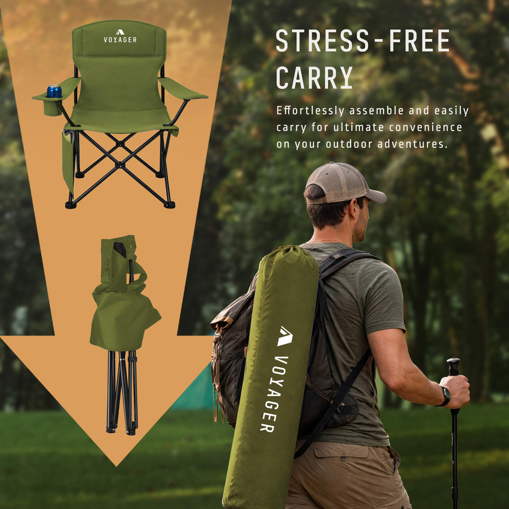 Green camping chairs with built-in cup holder and side pocket – 120kg capacity per chair for camping and festivals UK