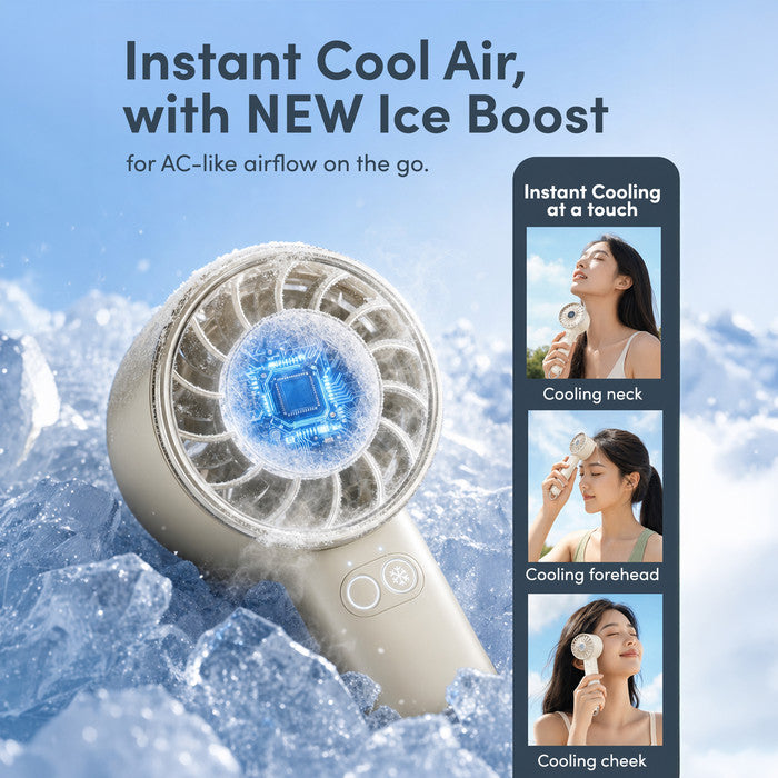 Cream handheld mini fan with Ice Boost – instant cooling for neck forehead and cheek

