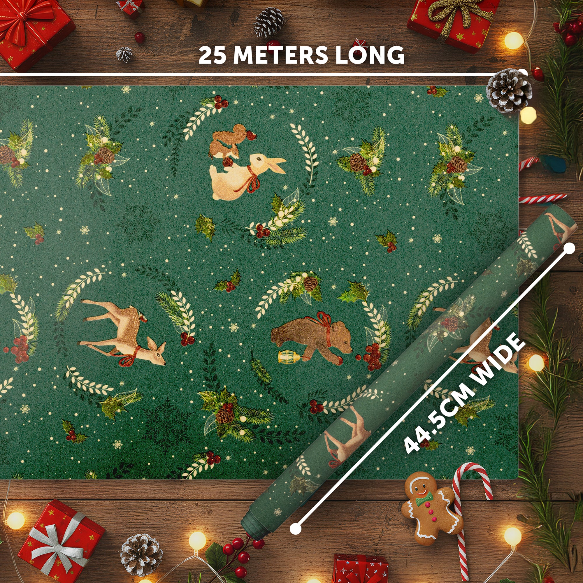 Kraft & Co 2 Pack Christmas Wrapping Paper Roll - Festive Designed Recyclable Kraft Paper, Perfect for Holiday Gifts, Arts & Crafts-Wrapping for a Merry Christmas (44.5cm x 25m)