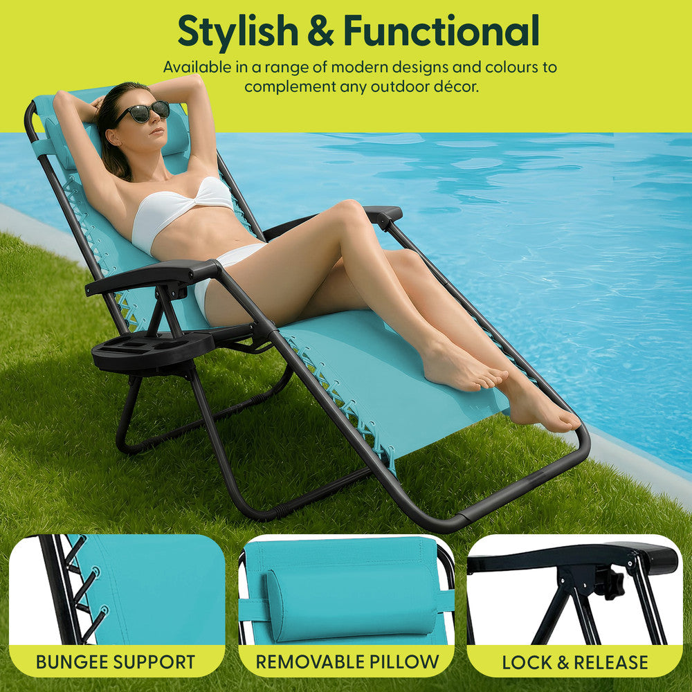 KEPLIN Set of 2 Heavy Duty Monocolour and Basic Textoline Zero Gravity Chairs for Garden Light Reclining Patio Sun loungers Easy to Clean Adjustable Head Rest Foldable with Cup & Phone Holder