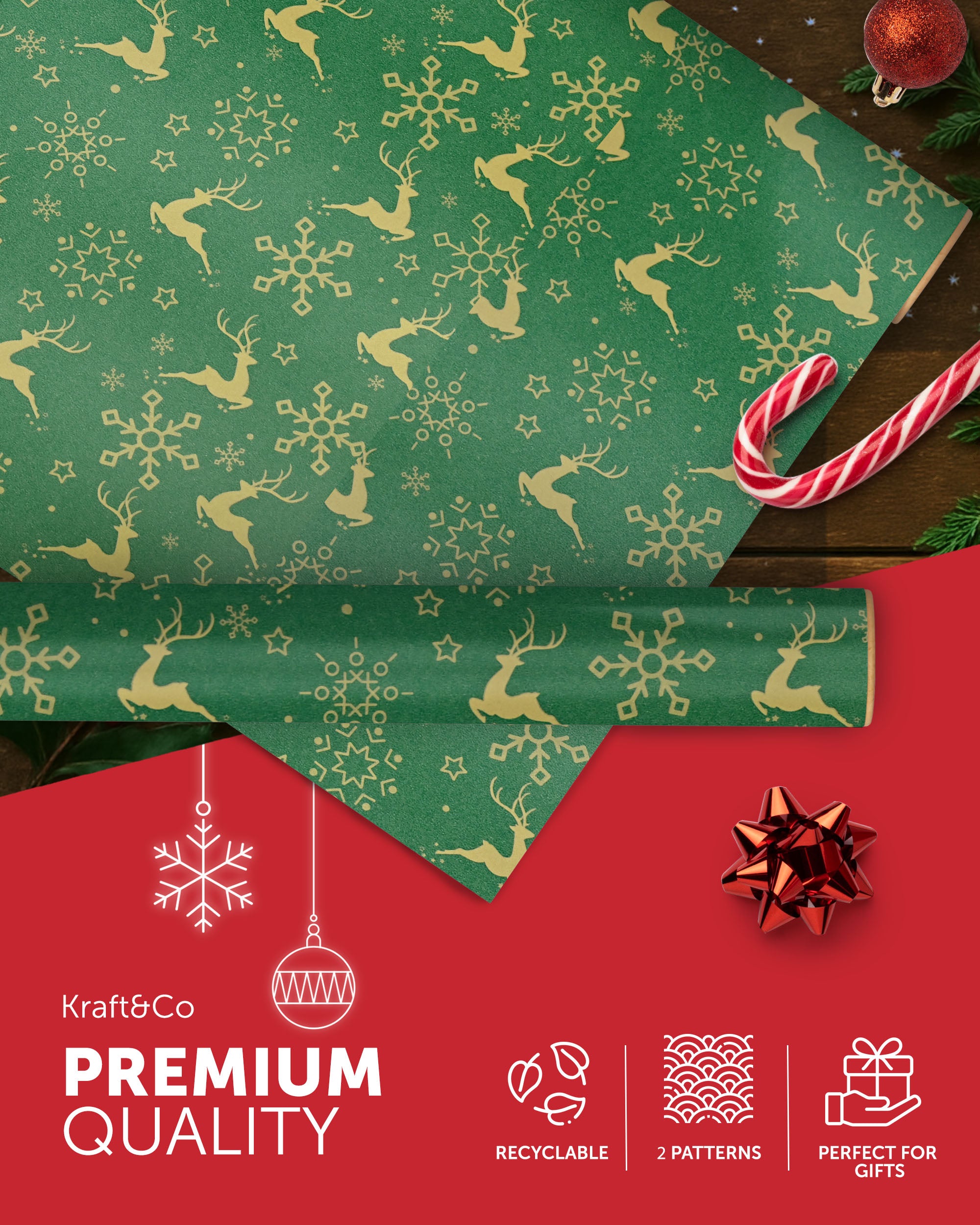 Kraft & Co 2 Pack Christmas Wrapping Paper Roll - Festive Designed Recyclable Kraft Paper, Perfect for Holiday Gifts, Arts & Crafts-Wrapping for a Merry Christmas (44.5cm x 25m)