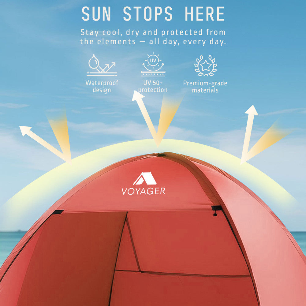 Pop-up beach tent coral with reinforced steel frame and sand pockets – wind-resistant outdoor shelter