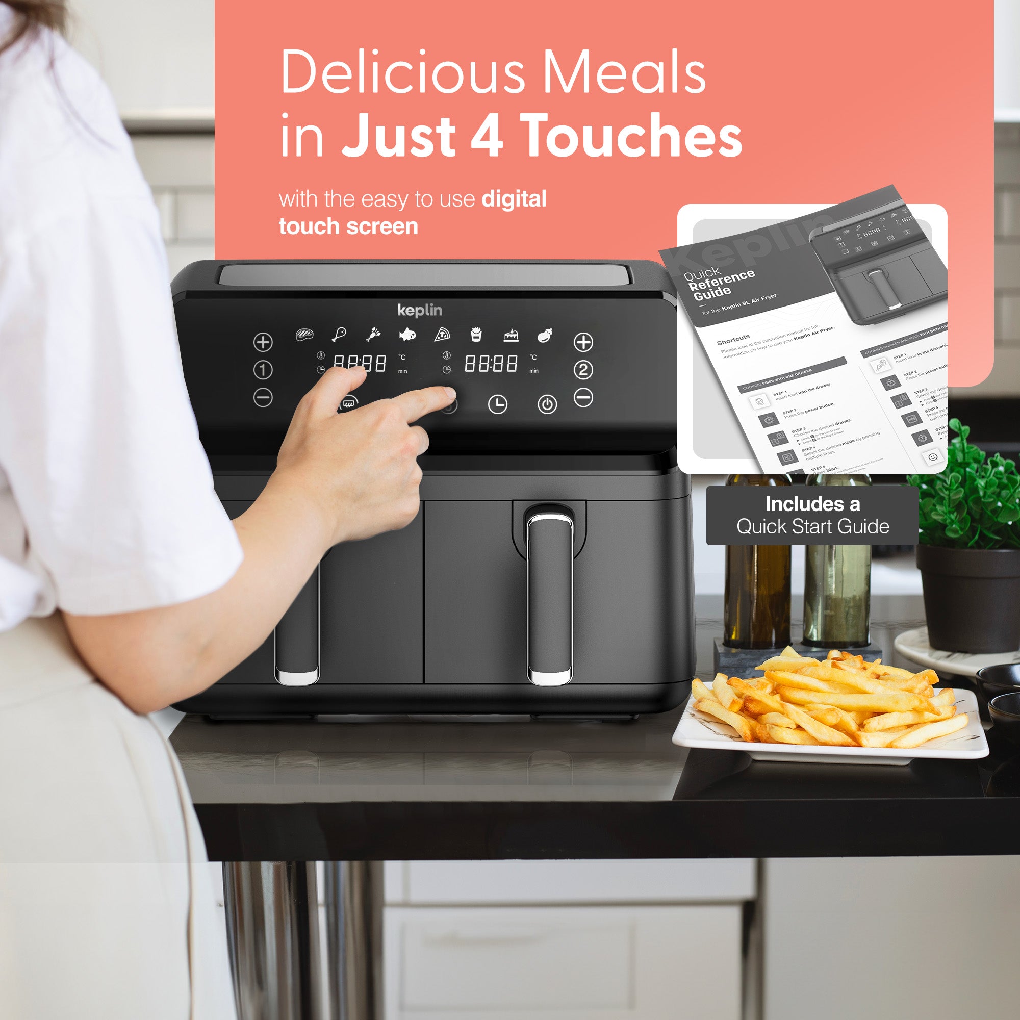 Keplin 9L Dual Zone Air Fryer - 2700W Energy-Saving Cooker with 6 Cooking Functions - Extra-Large Capacity for Healthy Meals - Roast, Bake, Dehydrate, Crisp - Family Size, 2 Years Warranty