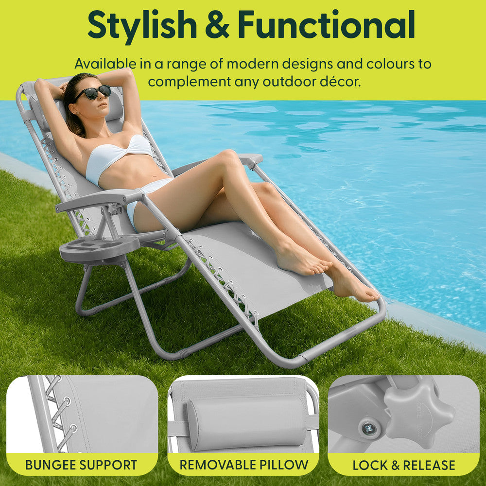 KEPLIN Set of 2 Heavy Duty Monocolour and Basic Textoline Zero Gravity Chairs for Garden Light Reclining Patio Sun loungers Easy to Clean Adjustable Head Rest Foldable with Cup & Phone Holder