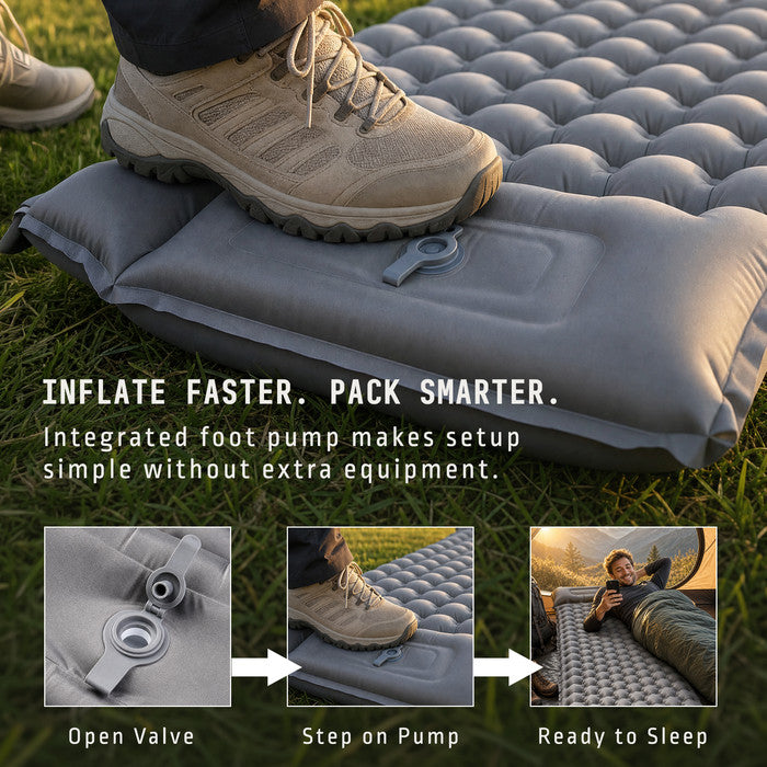 Grey inflatable camping mat foot pump inflation - open valve step pump sleep