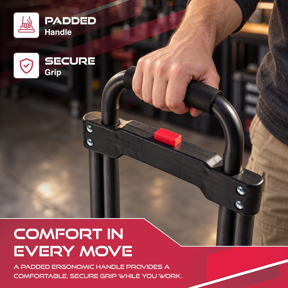 Hand gripping the padded handle of the Haltons hand truck above the red handle release button