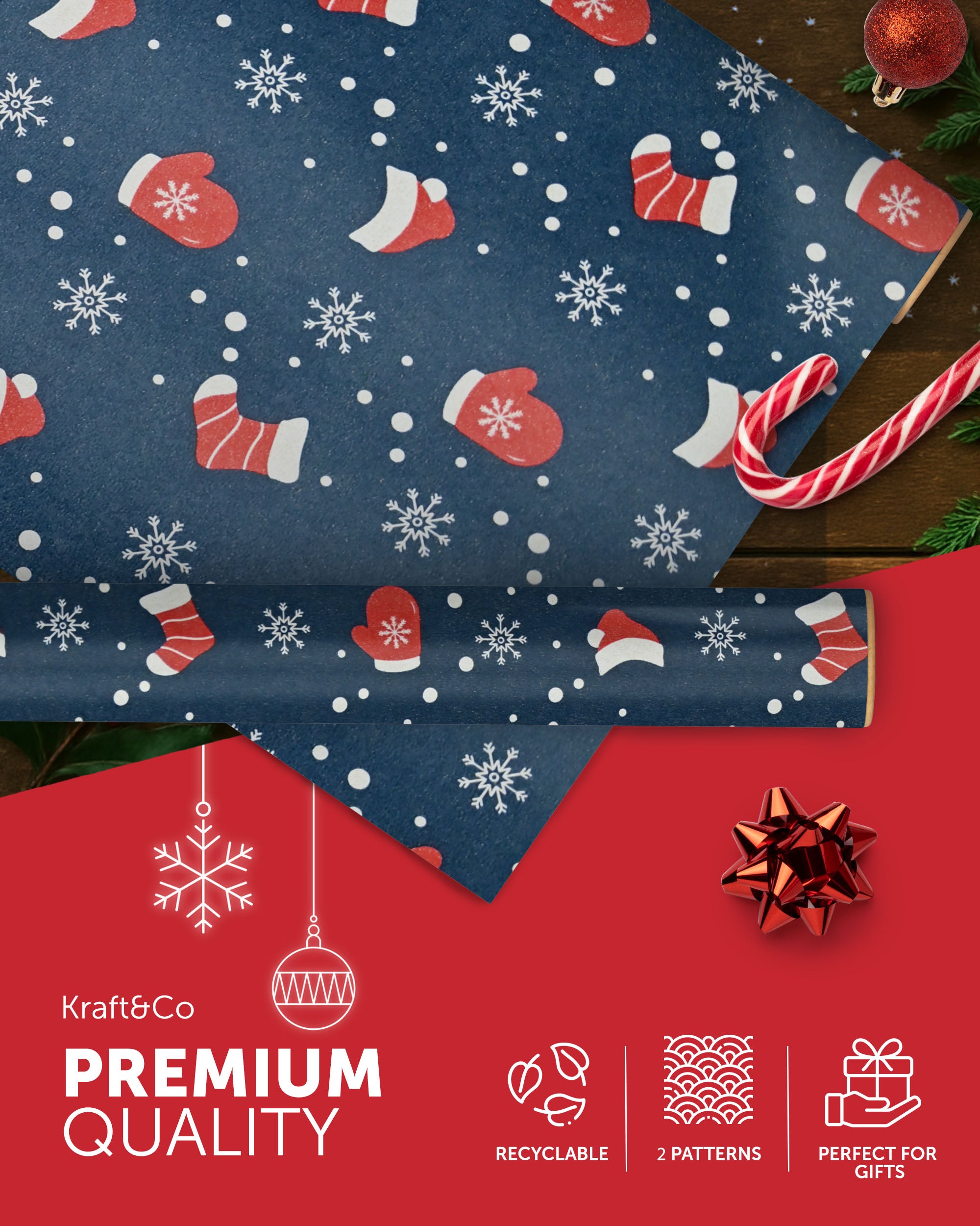 Kraft & Co 2 Pack Christmas Wrapping Paper Roll - Festive Designed Recyclable Kraft Paper, Perfect for Holiday Gifts, Arts & Crafts-Wrapping for a Merry Christmas (44.5cm x 25m)