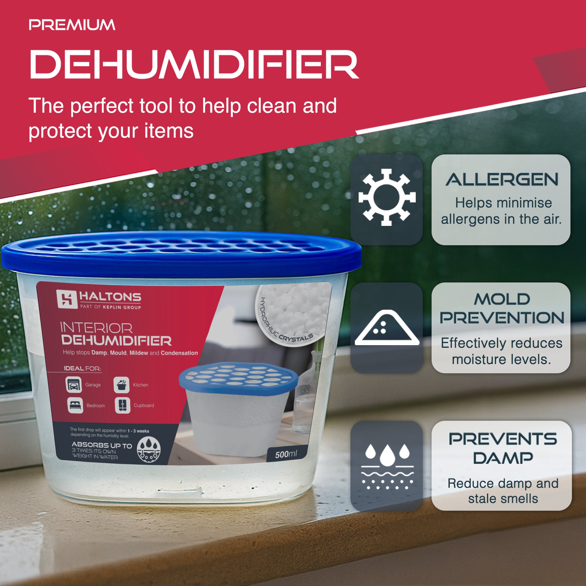 Haltons –  500ml Moisture Absorber Dehumidifiers – Condensation Remover for Damp, Mould, Home, Wardrobe, Kitchen, Bathroom, Basement, Garage, Bedroom, Caravan, Office
