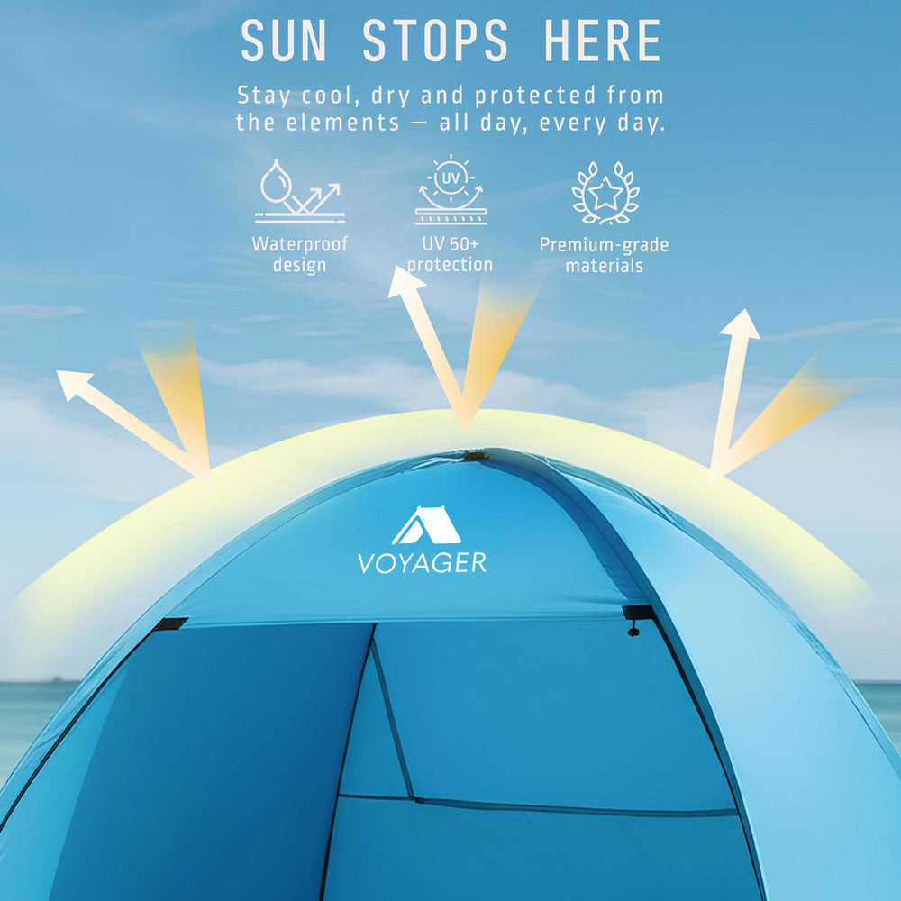 Pop-up beach tent blue with reinforced steel frame and sand pockets – wind-resistant outdoor shelter