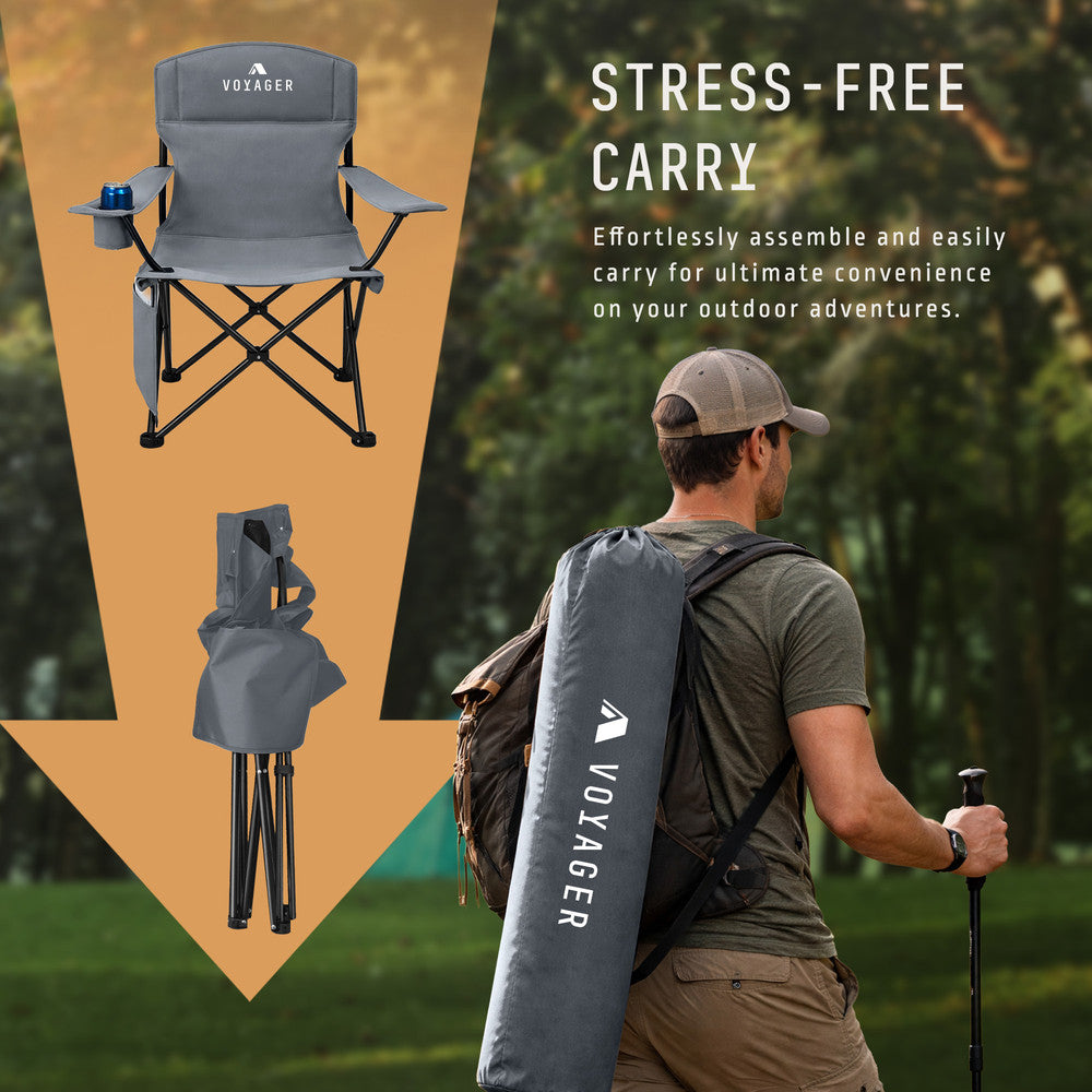 Grey camping chairs with built-in cup holder and side pocket – 120kg capacity per chair for camping and festivals UK