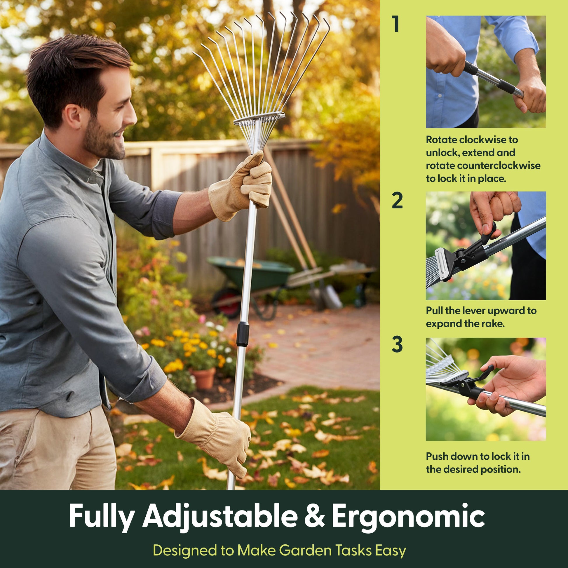 Telescopic Garden Rake for Leaves, Lawn, Yard & Soil Cleanup