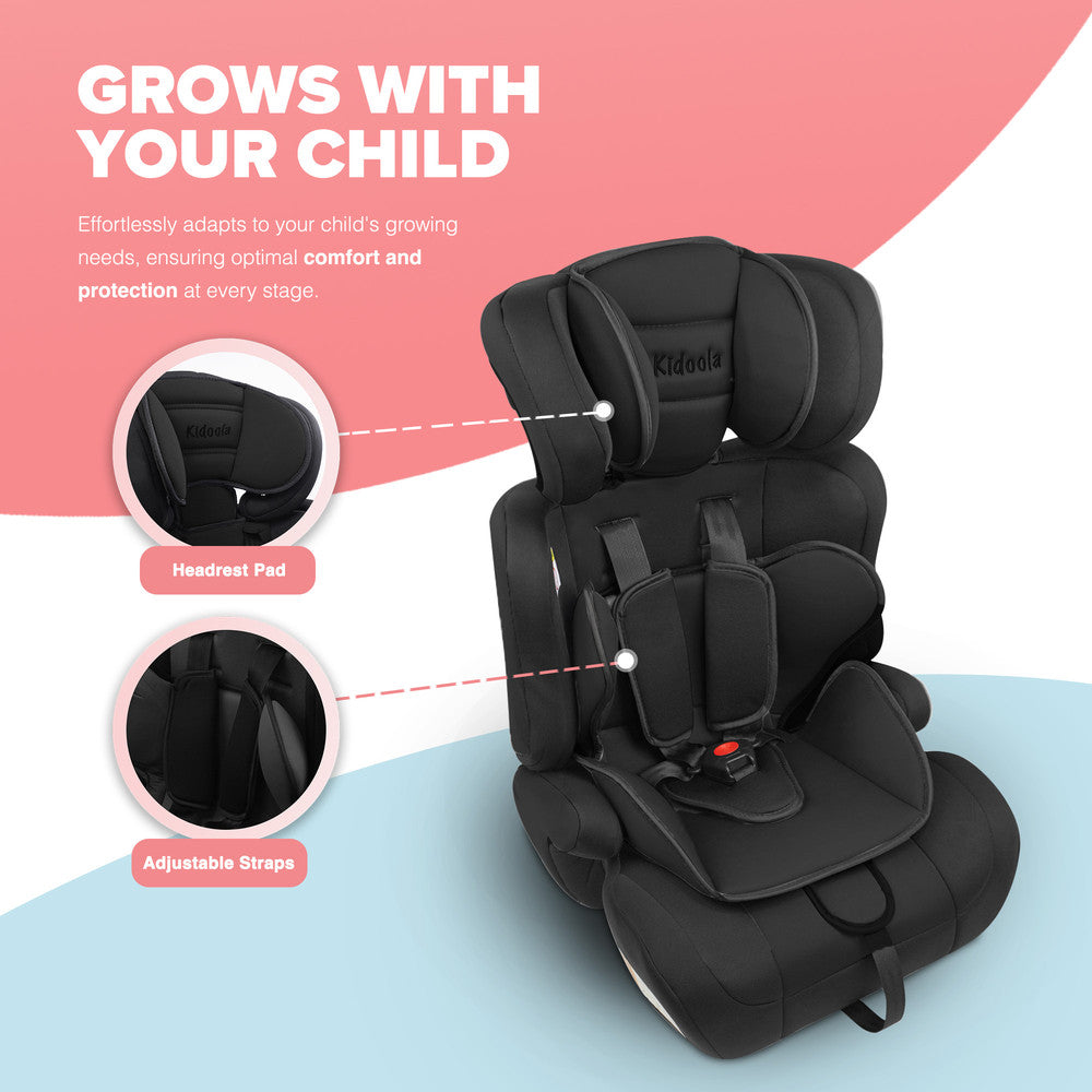 Kidoola Adjustable Car Seat for Toddlers & Children – Safety Certified Booster Seat, Comfortable Padding, 3 Age Functions, ECE R44/04 Certified, Up to 12 Years