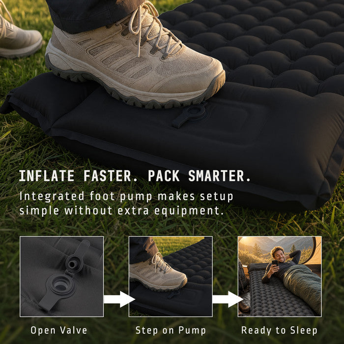 Black inflatable camping mat foot pump inflation - open valve step pump sleep