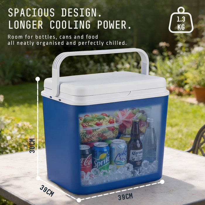 30L Insulated Cool Box Dimensions 39x39x30cm with Food and Drinks Inside
