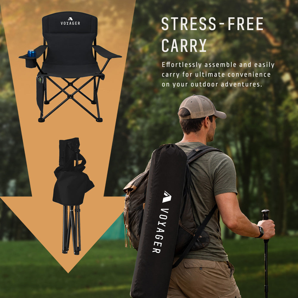 Black camping chairs with built-in cup holder and side pocket – 120kg capacity per chair for camping and festivals UK