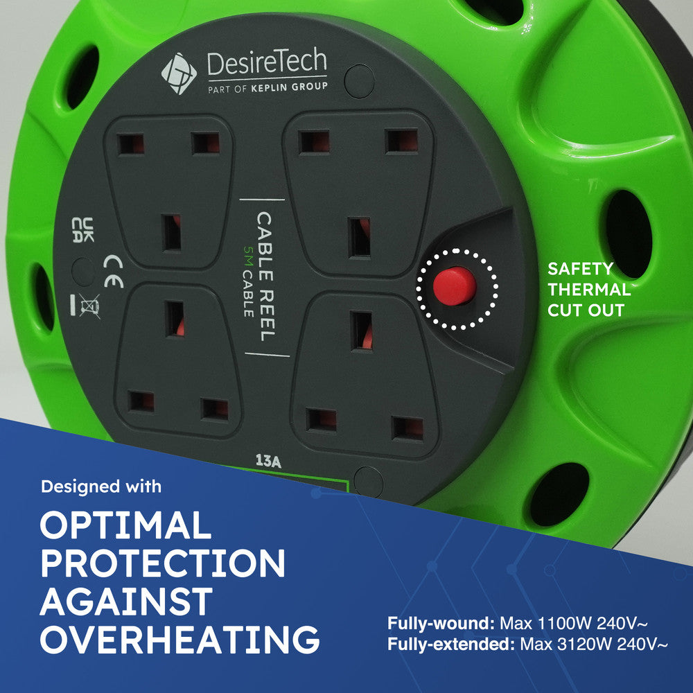 Desiretech Heavy-Duty Portable Cable Reel Extension Lead – 4 Shuttered Sockets, Thermal Cut-Out, Ergonomic Handle, Green/Black – Robust Extension Cord for Indoor Use – image 4