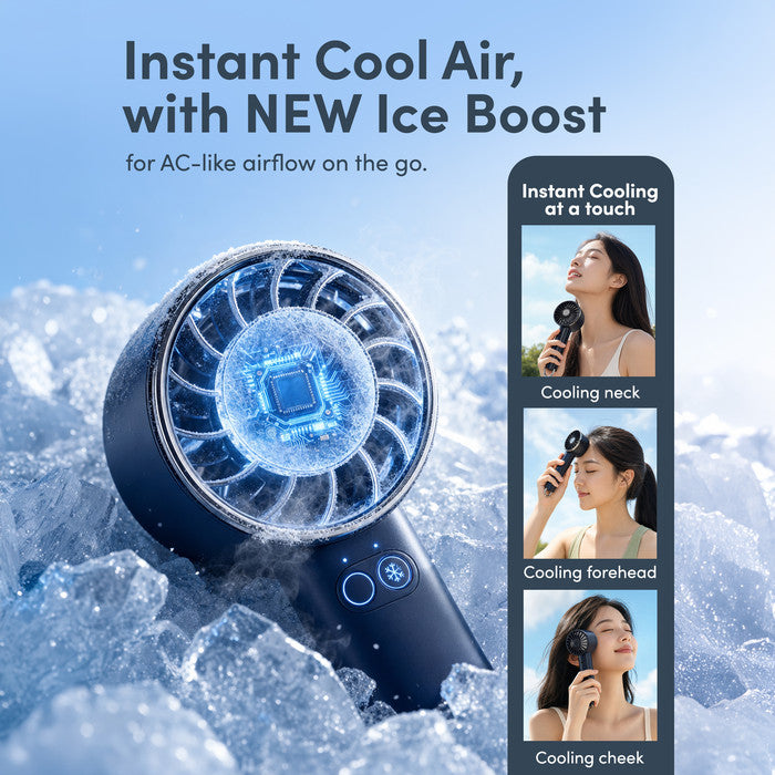 Midnight Blue handheld mini fan with Ice Boost – instant cooling for neck forehead and cheek


