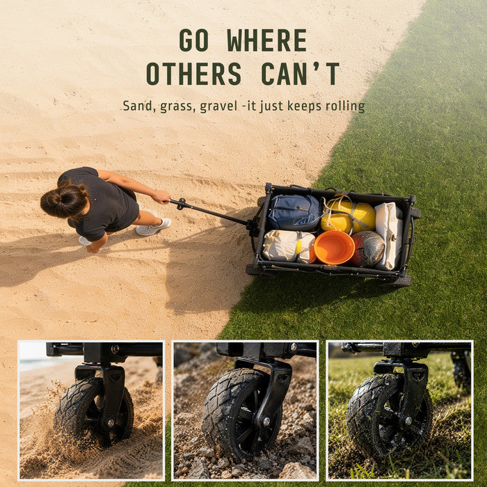 120L camping trolley all-terrain wheels on sand grass and gravel – foldable outdoor cart