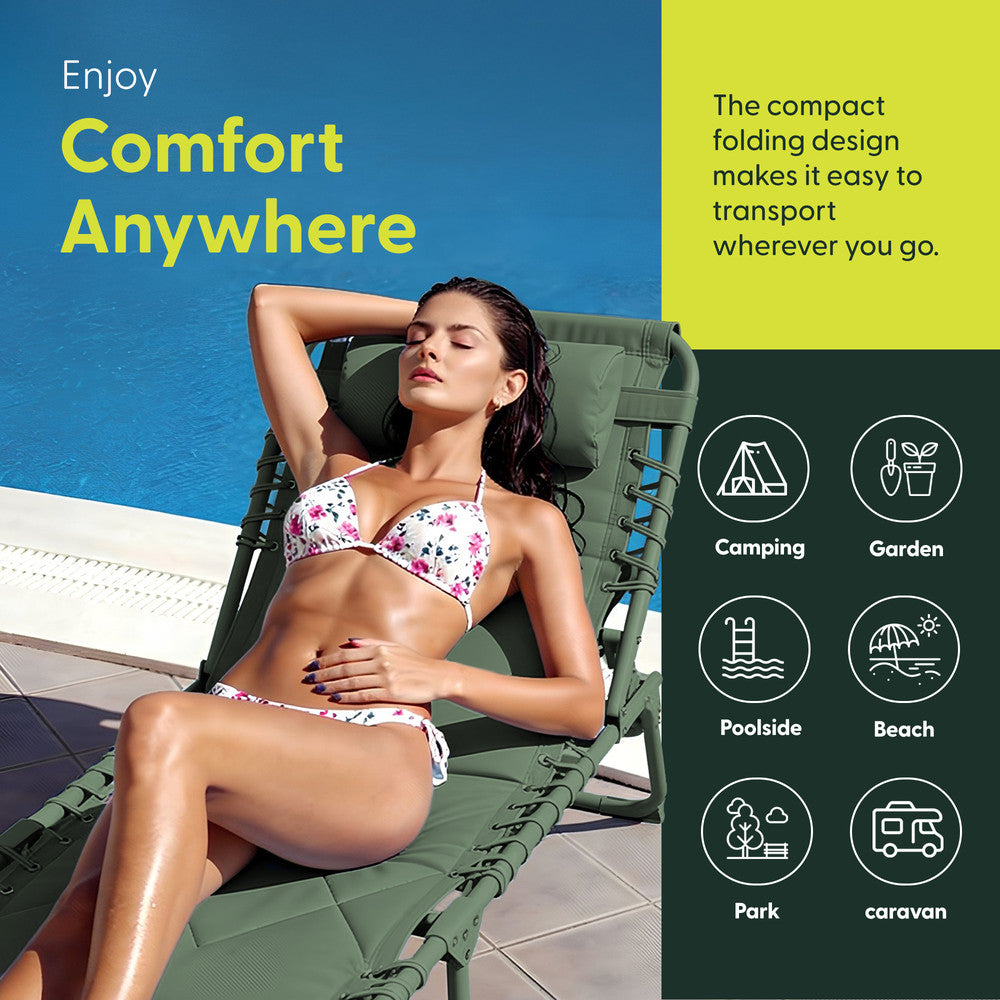 Quilted Detail on Green Garden Sun Lounger – Durable 600D Oxford Outdoor Lounger