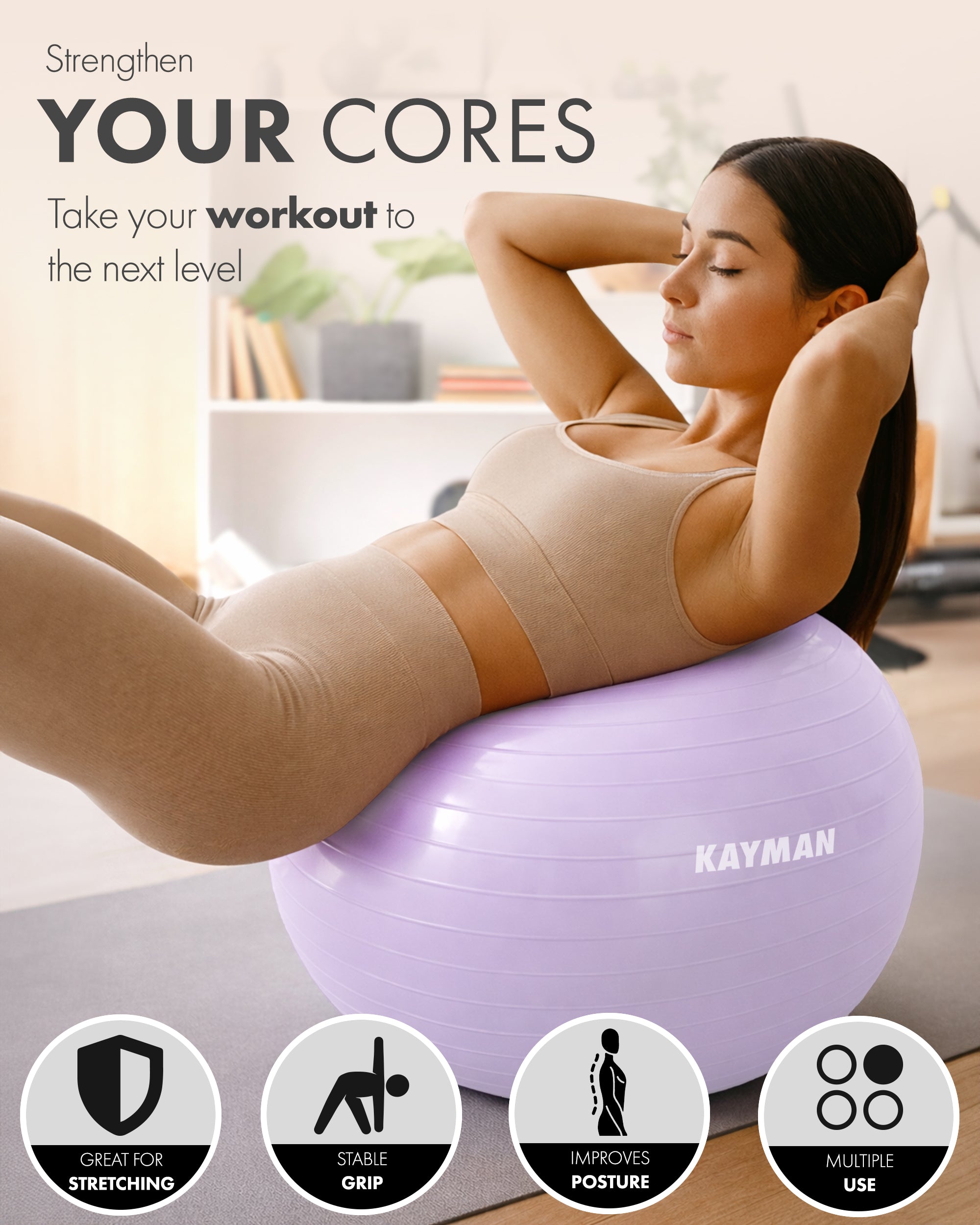 KAYMAN Exercise Ball - Anti-Burst System, Non-Slip Rings, Durable Material, Easy to Inflate, Ideal for Yoga, Pilates, Fitness, Balance Training, Gym, and Home Workouts