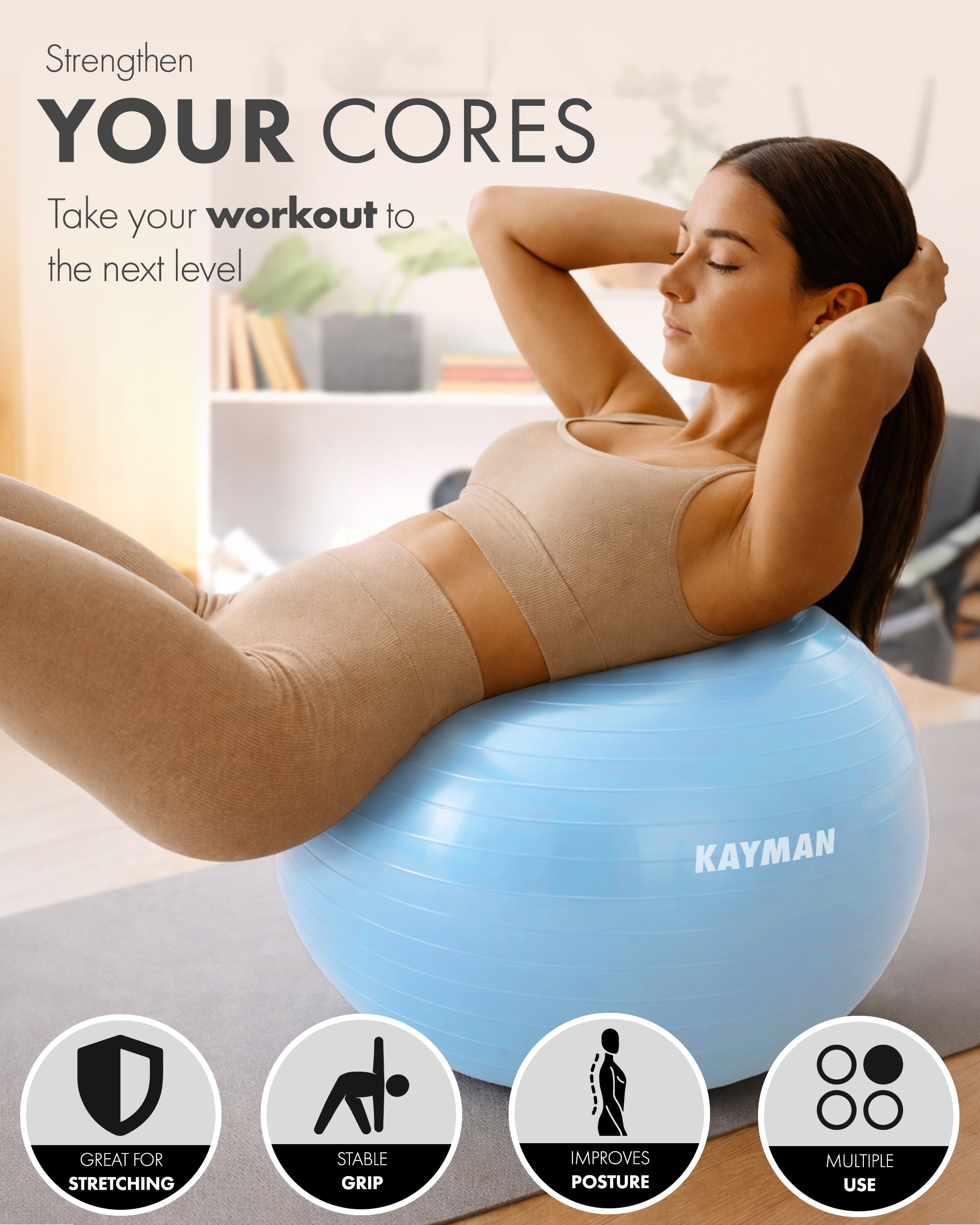 KAYMAN Exercise Ball - Anti-Burst System, Non-Slip Rings, Durable Material, Easy to Inflate, Ideal for Yoga, Pilates, Fitness, Balance Training, Gym, and Home Workouts