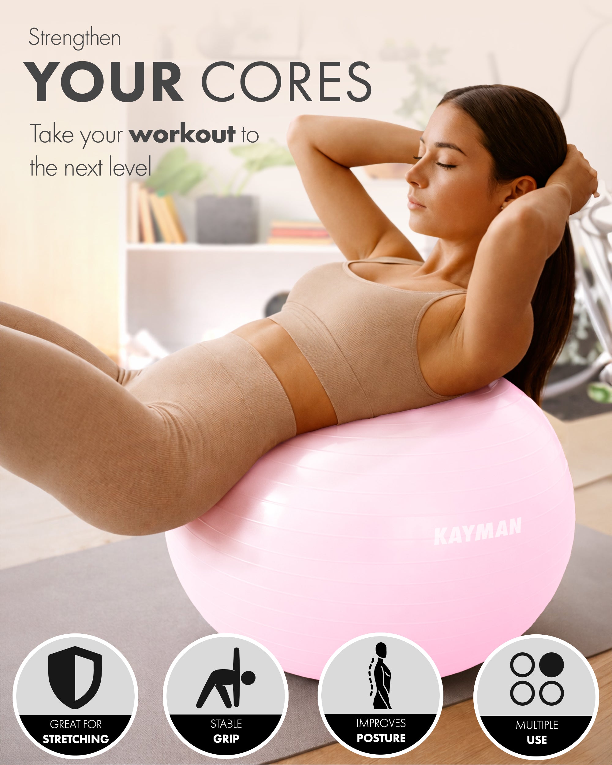 KAYMAN Exercise Ball - Anti-Burst System, Non-Slip Rings, Durable Material, Easy to Inflate, Ideal for Yoga, Pilates, Fitness, Balance Training, Gym, and Home Workouts