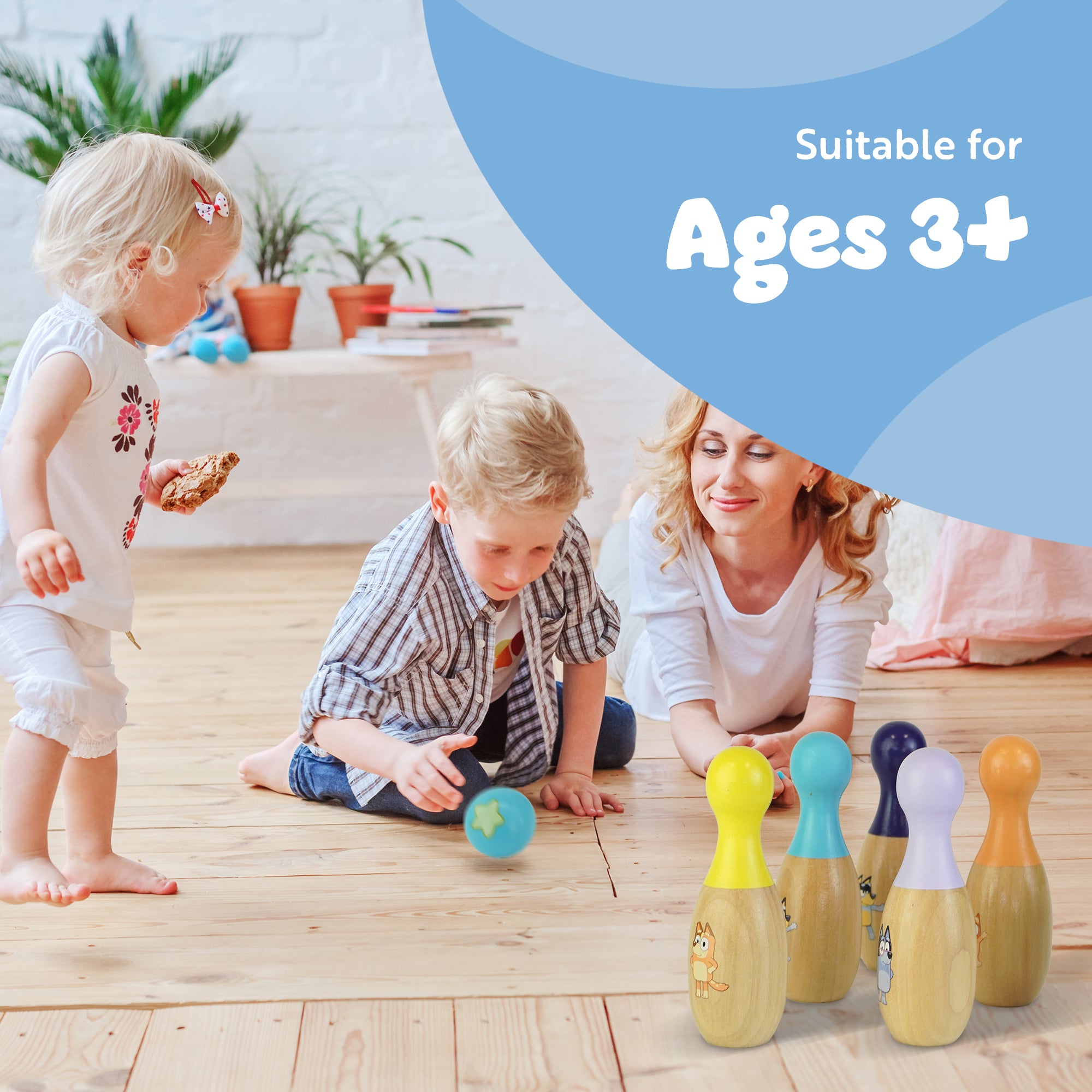 Bluey Wooden Classic Skittles, 7-Piece Colorful Set –FSC Certified Sustainable Wood –Indoor &Outdoor Bowling Game for Kids–Enhances Hand-Eye Coordination–Includes 6 Character Pins & 1 Ball