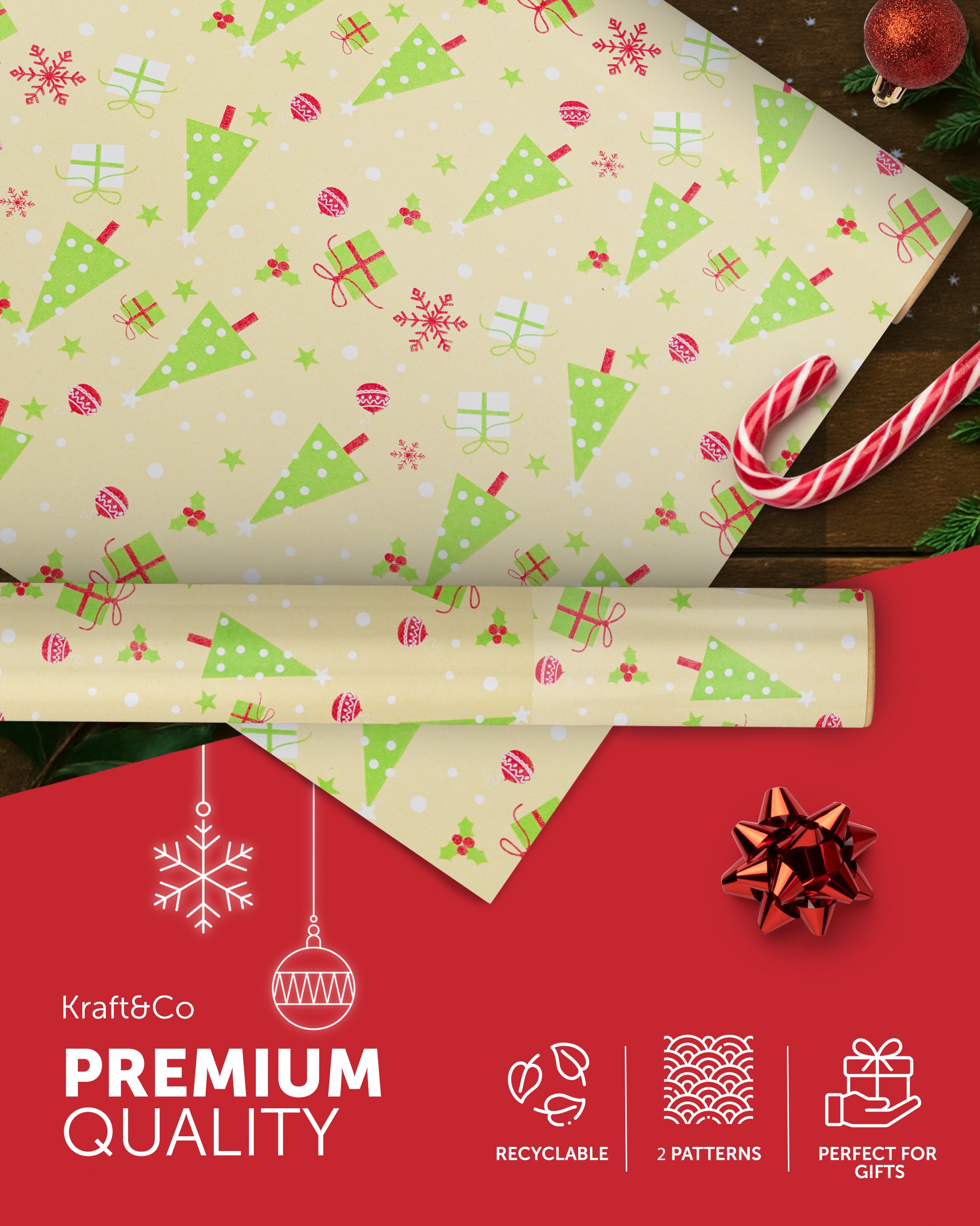 Kraft & Co 2 Pack Christmas Wrapping Paper Roll - Festive Designed Recyclable Kraft Paper, Perfect for Holiday Gifts, Arts & Crafts-Wrapping for a Merry Christmas (44.5cm x 25m)