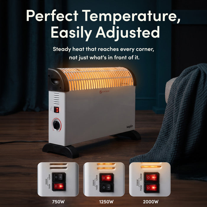 White convector heater showing 750W, 1250W and 2000W heat setting switches