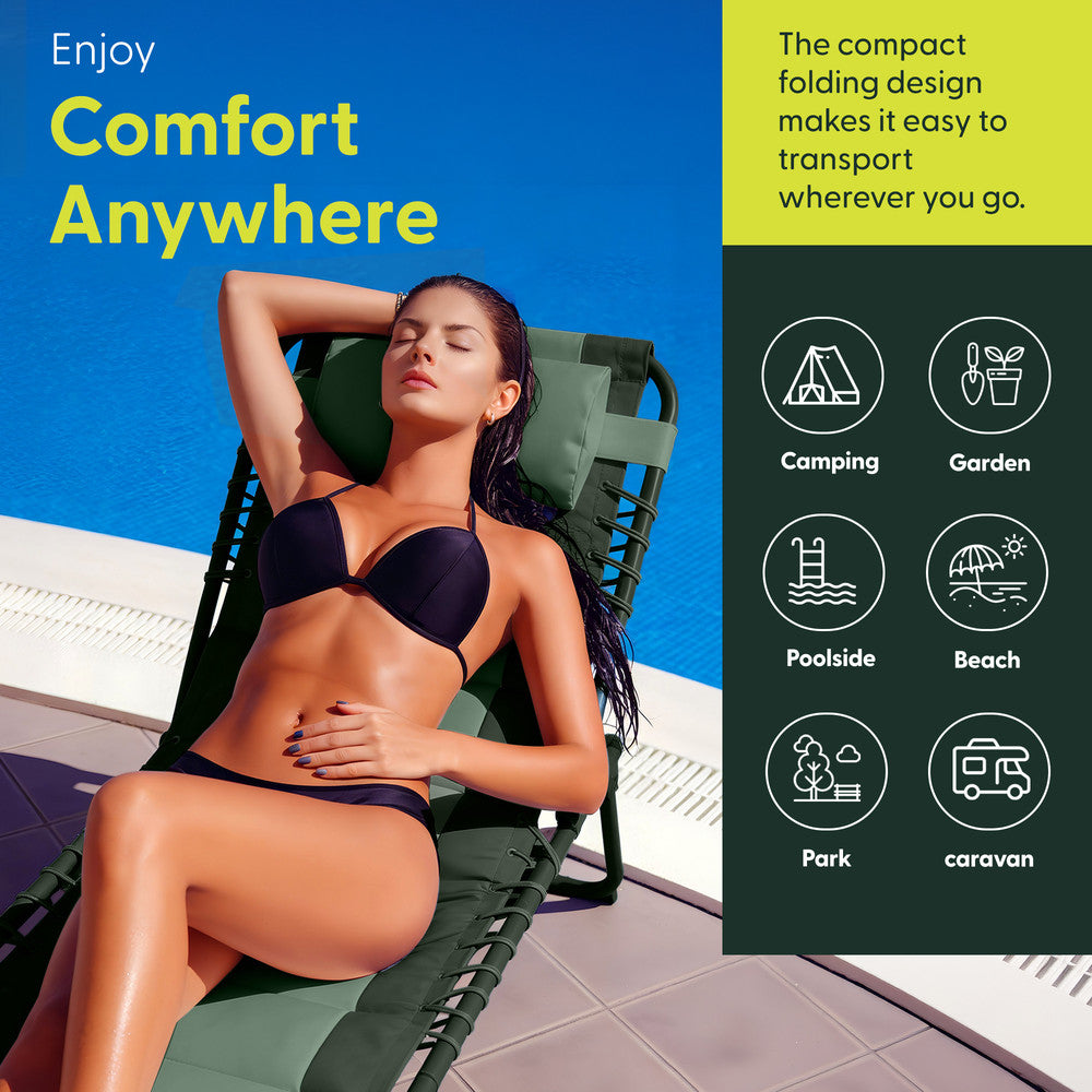 Padded Seat Detail on Green Folding Sun Lounger – Durable 600D Oxford Garden Recliner by Keplin