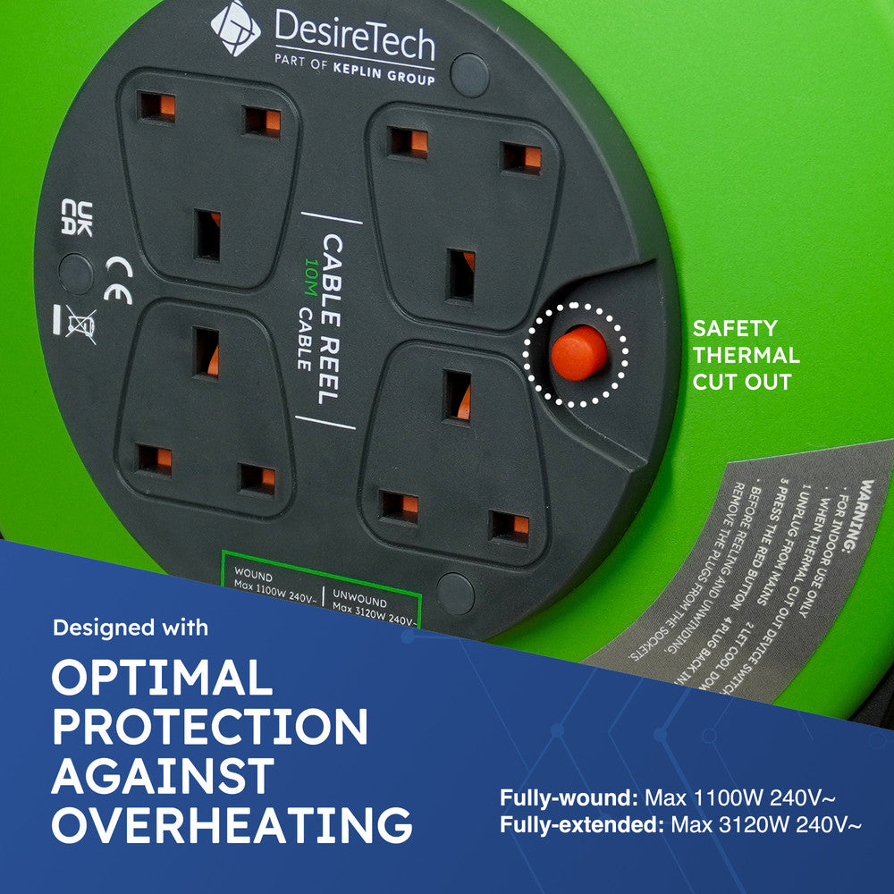Desiretech Heavy-Duty Portable Cable Reel Extension Lead – 4 Shuttered Sockets, Thermal Cut-Out, Ergonomic Handle, Green/Black – Robust Extension Cord for Indoor Use – image 13