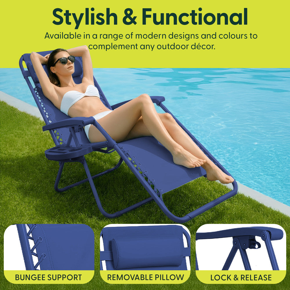 KEPLIN Set of 2 Heavy Duty Monocolour and Basic Textoline Zero Gravity Chairs for Garden Light Reclining Patio Sun loungers Easy to Clean Adjustable Head Rest Foldable with Cup & Phone Holder