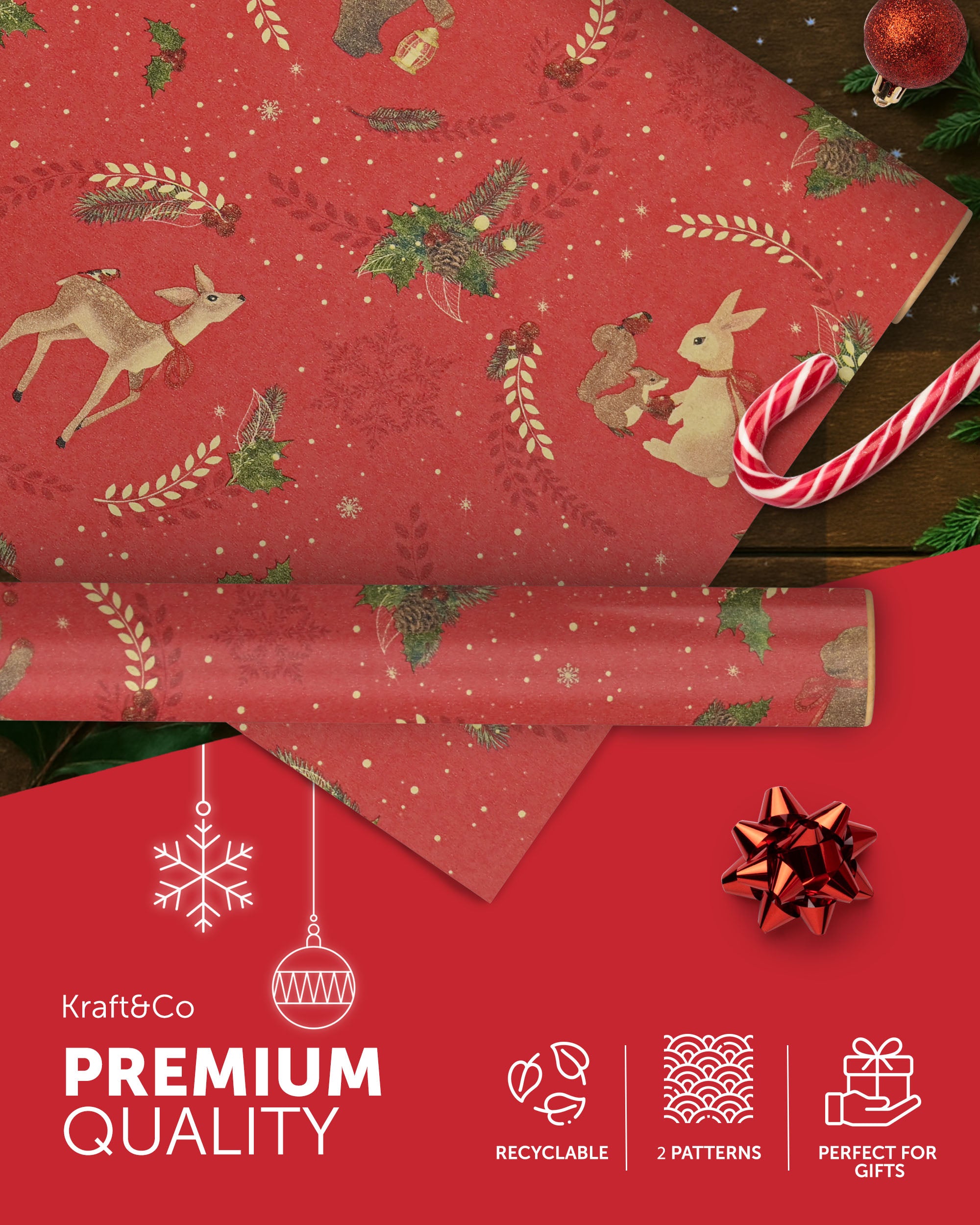 Kraft & Co 2 Pack Christmas Wrapping Paper Roll - Festive Designed Recyclable Kraft Paper, Perfect for Holiday Gifts, Arts & Crafts-Wrapping for a Merry Christmas (44.5cm x 25m)