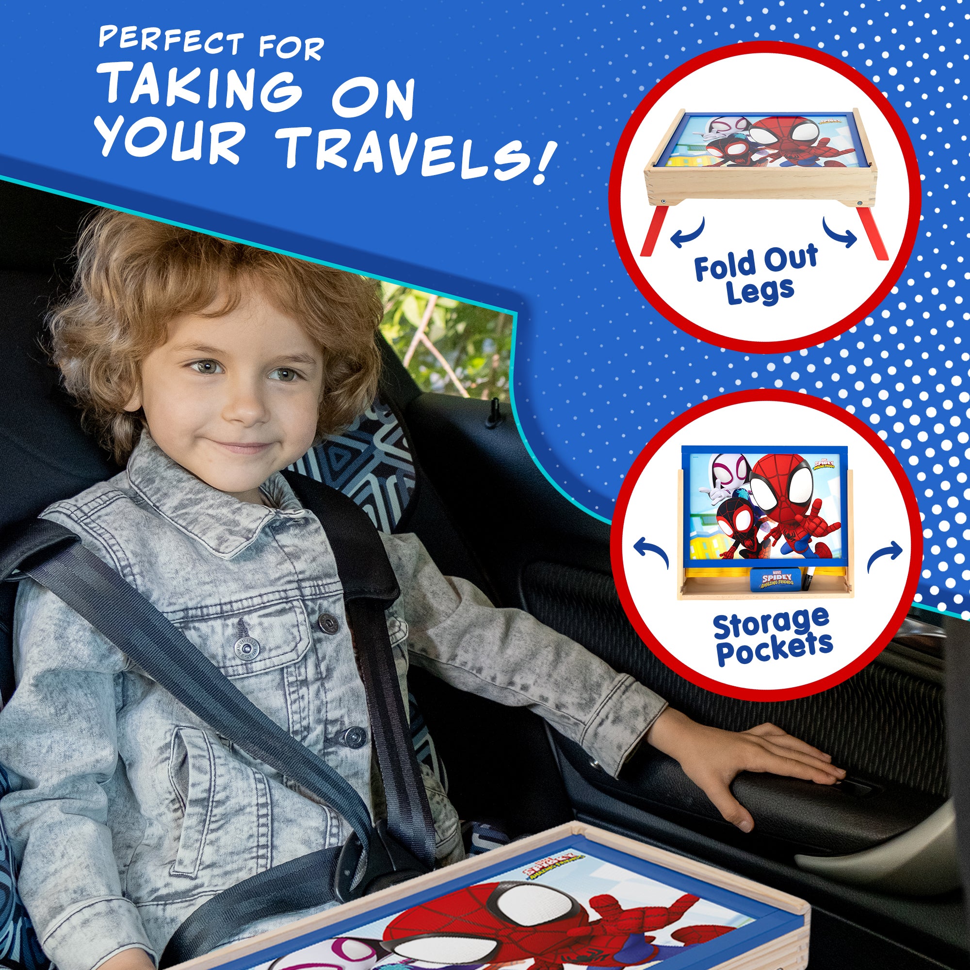Marvel Spidey and His Amazing Friends Kids Activity Desk – Wooden Folding Lap Desk with Whiteboard, Magnetic Accessories, Storage Pockets & Marker – Portable Play Table for Boys & Girls
