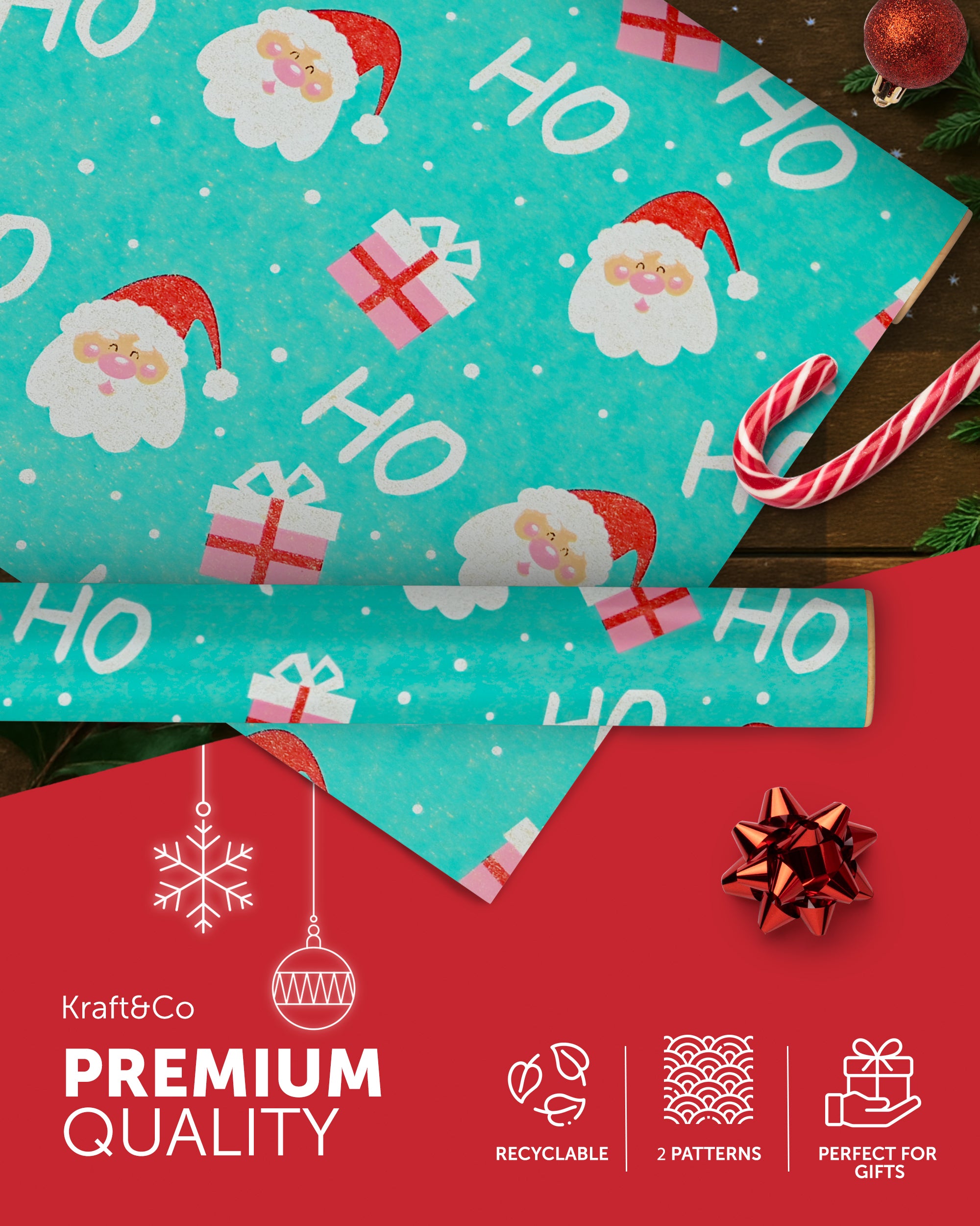 Kraft & Co 2 Pack Christmas Wrapping Paper Roll - Festive Designed Recyclable Kraft Paper, Perfect for Holiday Gifts, Arts & Crafts-Wrapping for a Merry Christmas (44.5cm x 25m)