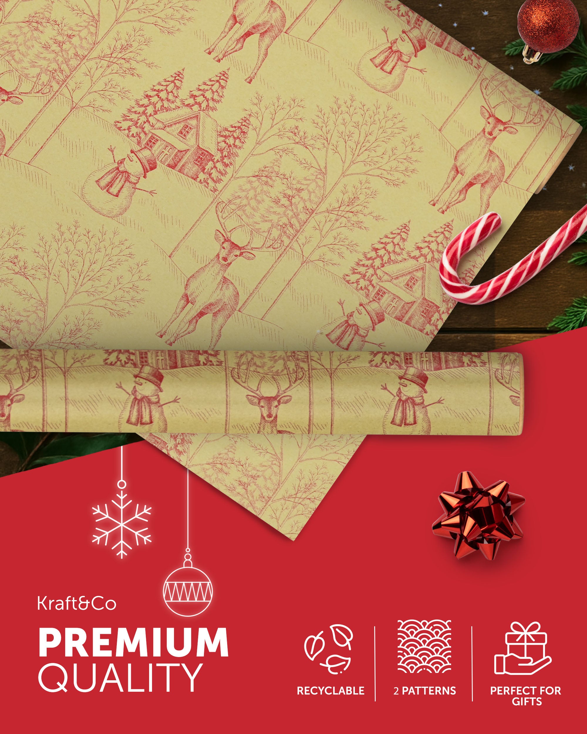 Kraft & Co 2 Pack Christmas Wrapping Paper Roll - Festive Designed Recyclable Kraft Paper, Perfect for Holiday Gifts, Arts & Crafts-Wrapping for a Merry Christmas (44.5cm x 25m)