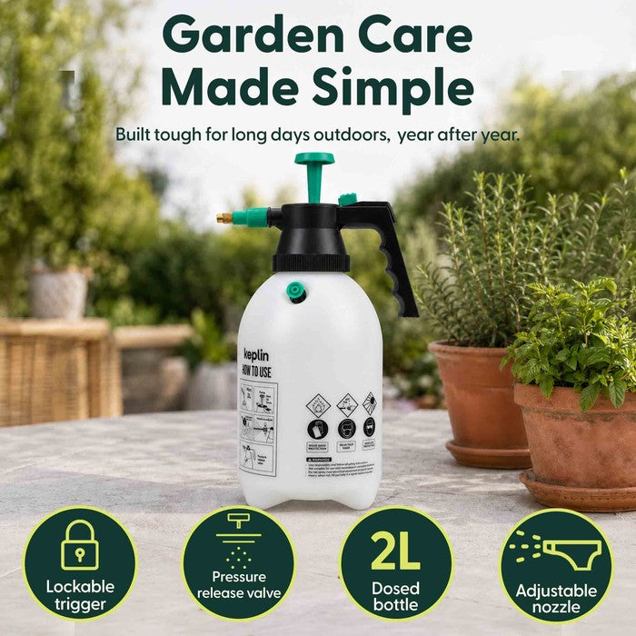 2L garden sprayer with lockable trigger, pressure release valve, 2L dosed bottle and adjustable nozzle feature callouts