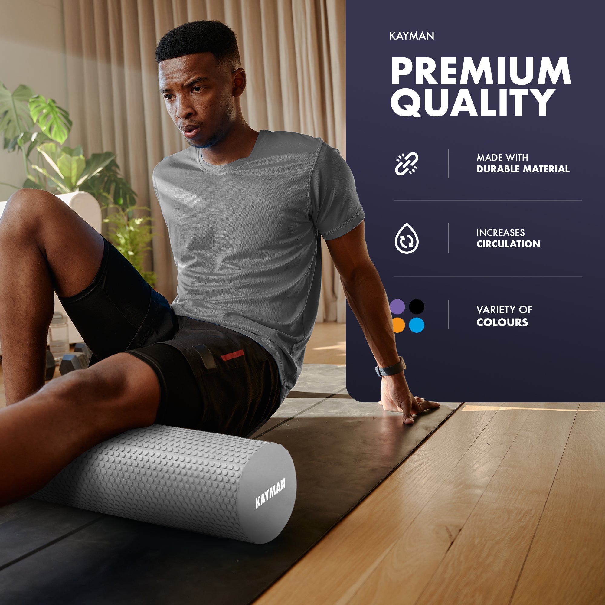 KAYMAN Sports Foam Roller – Deep Tissue Muscle Tension Relief & Circulation Boost | Portable & Lightweight Self Massager for Back, Legs, Gym, Pilates & Yoga | EVA Foam