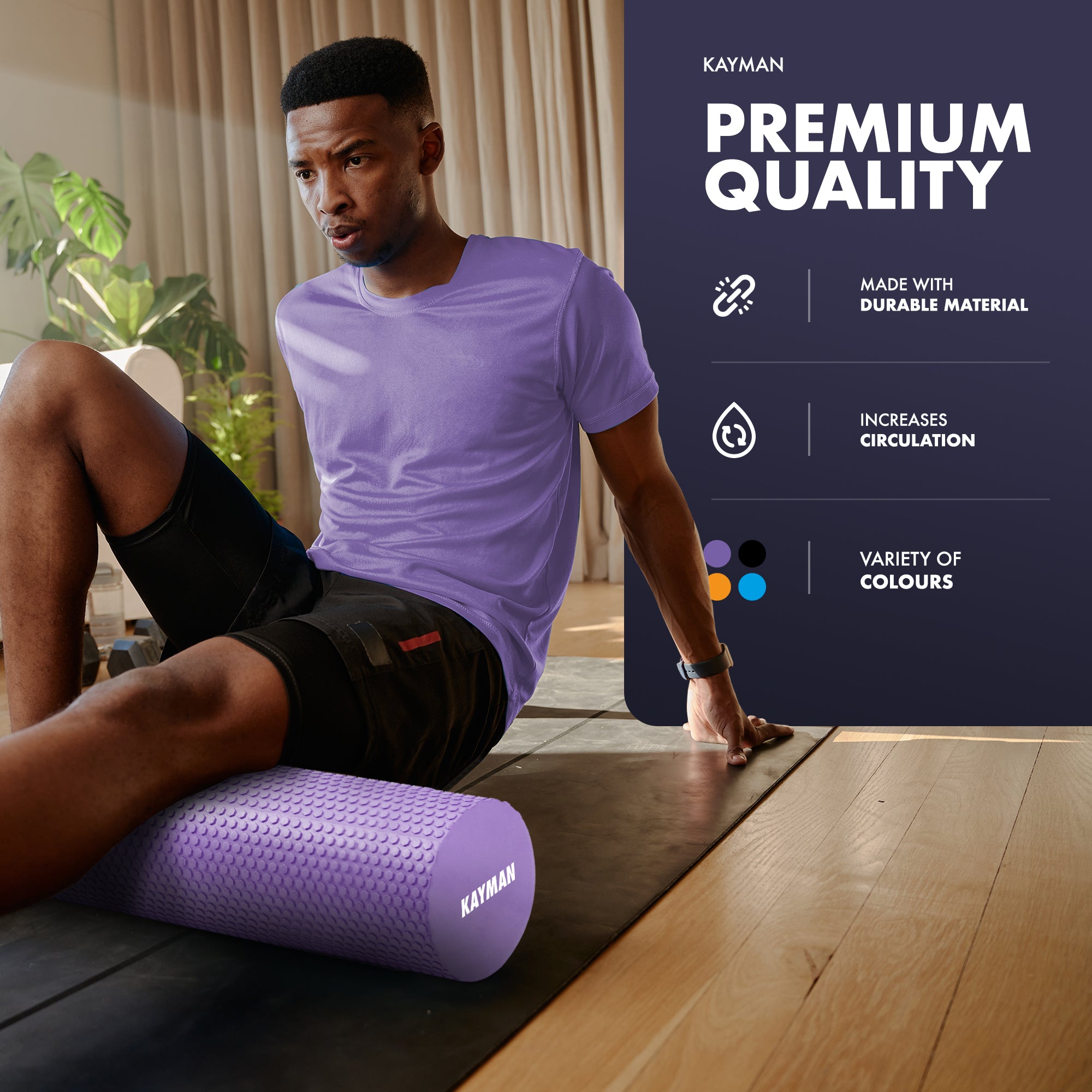KAYMAN Sports Foam Roller – Deep Tissue Muscle Tension Relief & Circulation Boost | Portable & Lightweight Self Massager for Back, Legs, Gym, Pilates & Yoga | EVA Foam