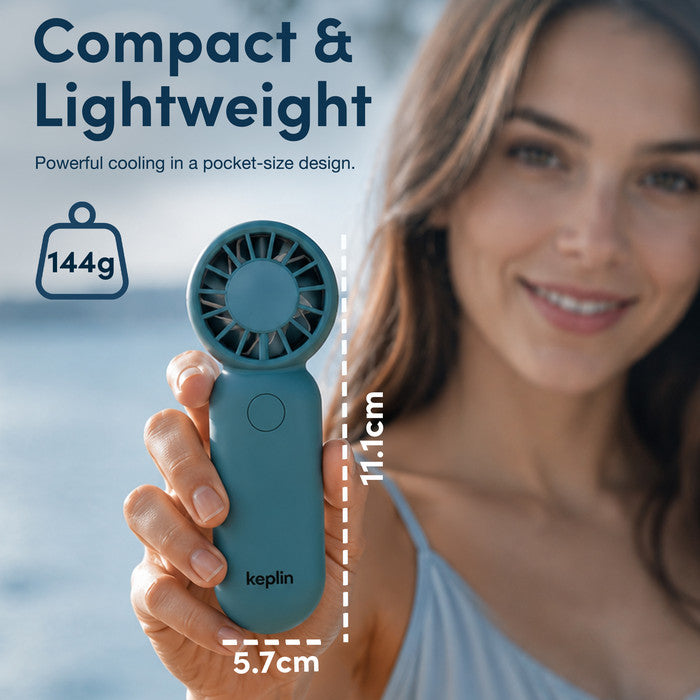 Woman holding KEPLIN compact handheld fan showing 11.1cm pocket size and 144g lightweight design