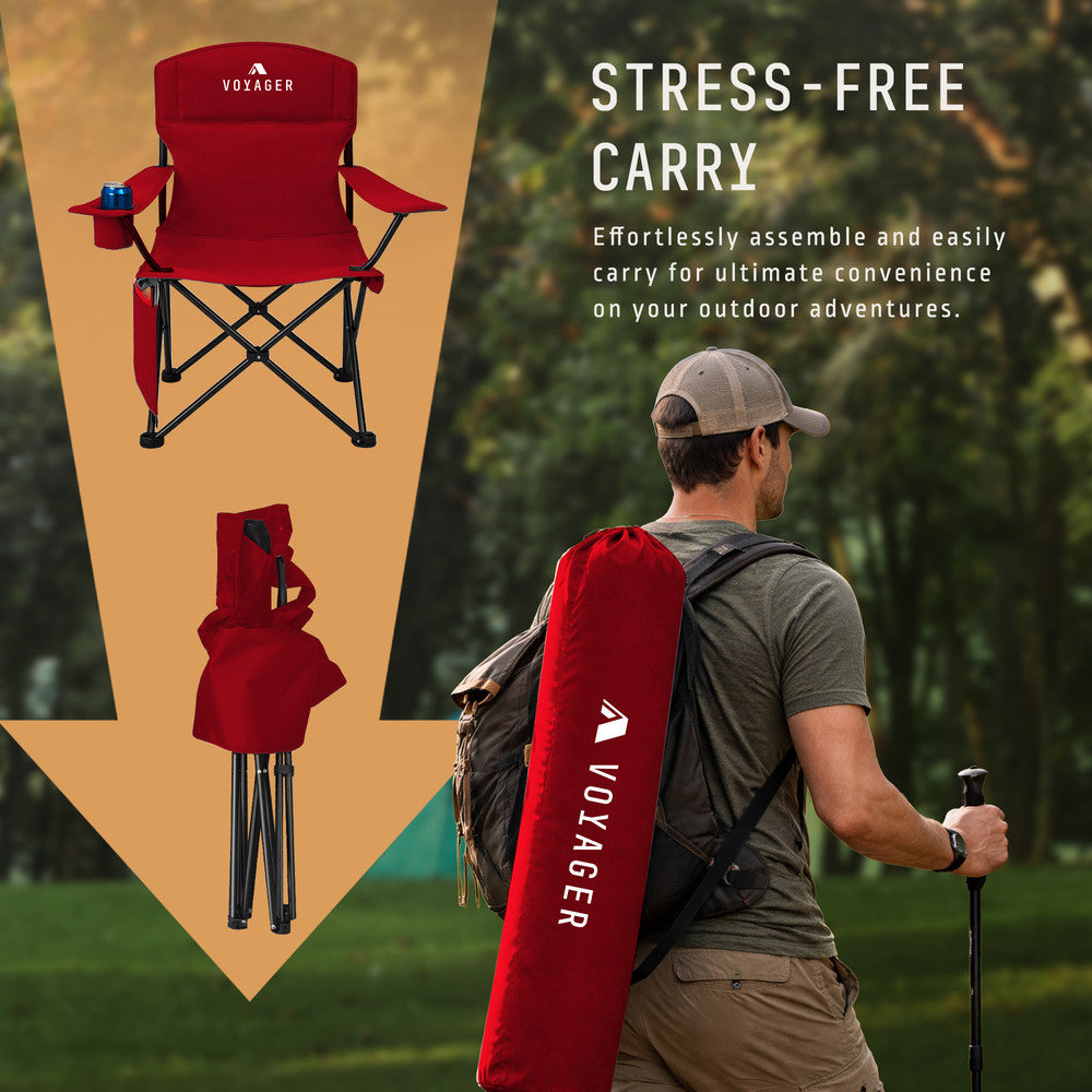 Red camping chairs with built-in cup holder and side pocket – 120kg capacity per chair for camping and festivals UK