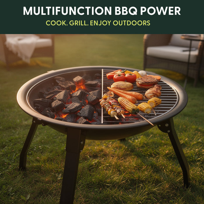 Fire pit in use at garden party with wood burning and grill